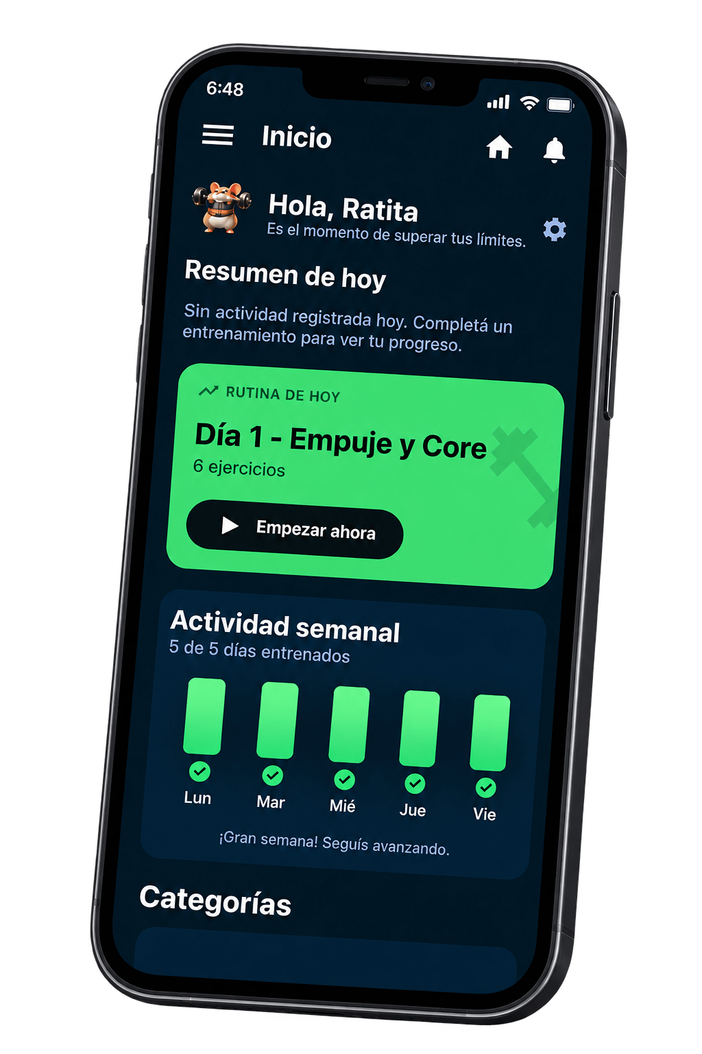 App MyGymRat en el móvil: resumen de hoy, rutina del día y actividad semanal
